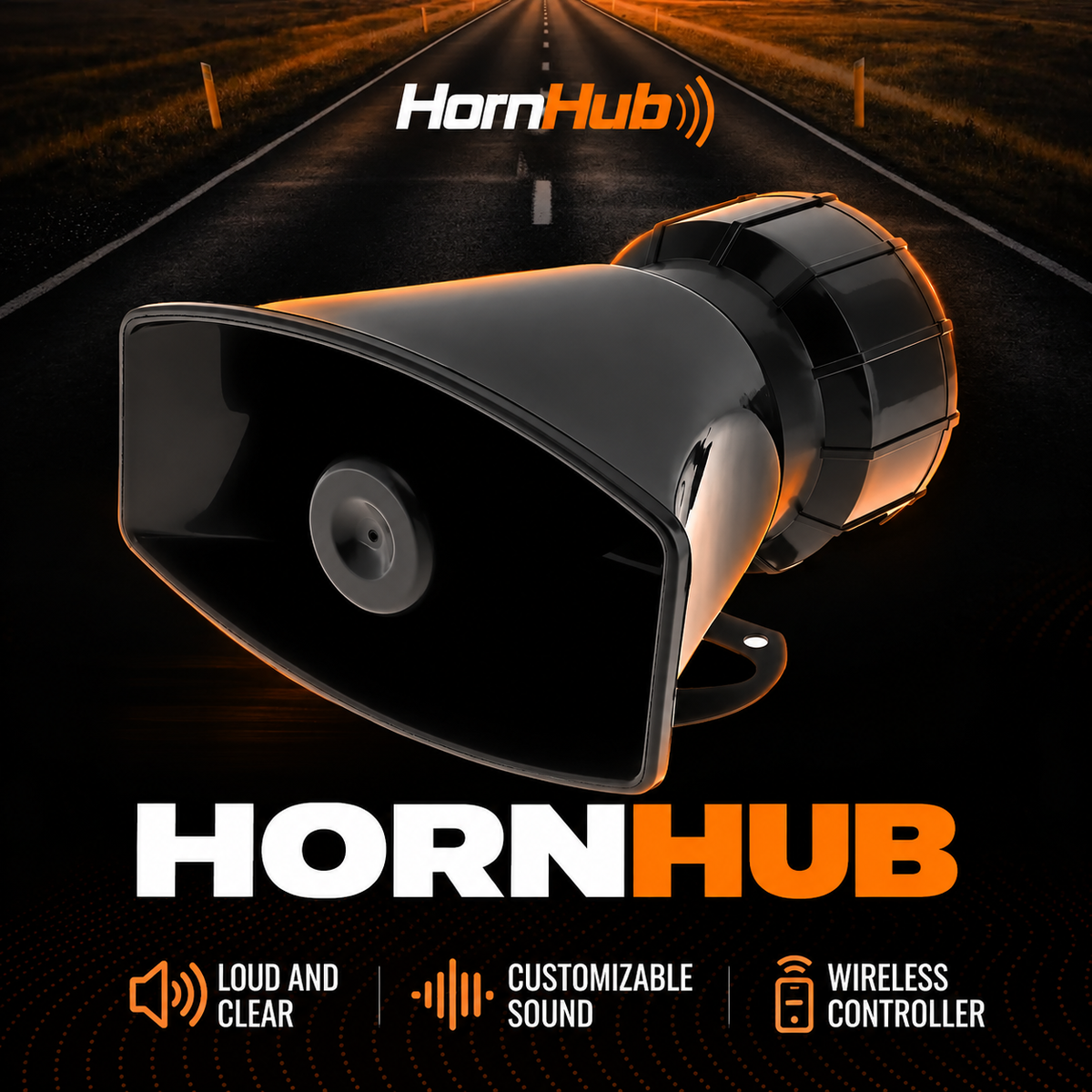 Close-up of the Viral Horn unit and wireless 4-button remote side by side, showing size, connectors and build quality.